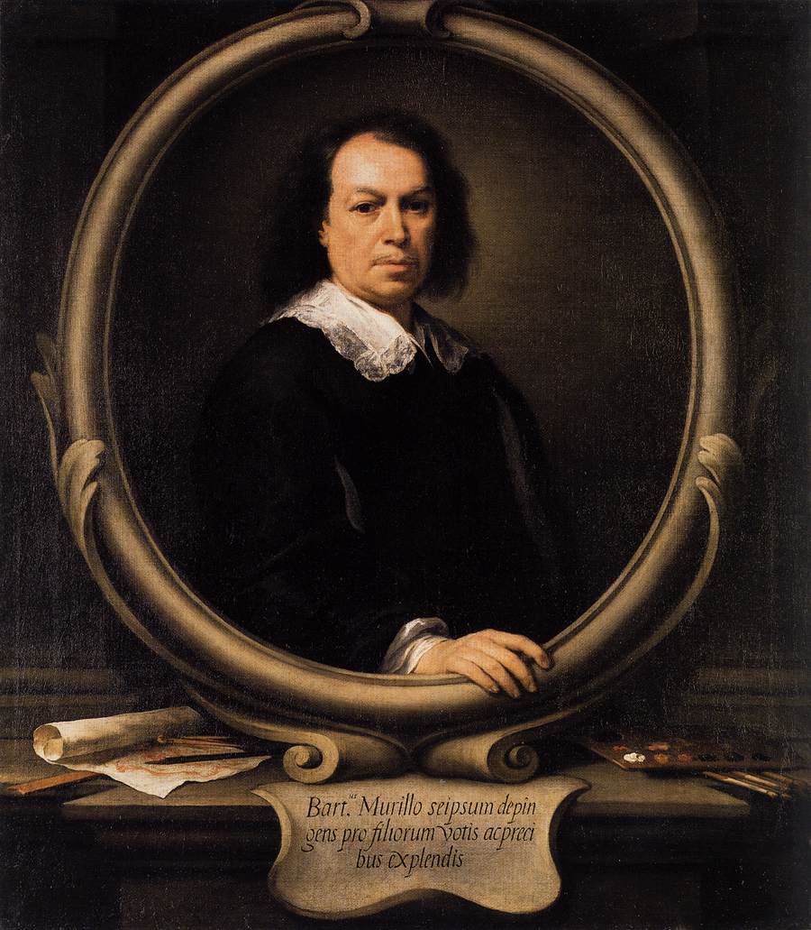 Baroque self portrait of Bartolome Esteban Murillo shown in black clothing with a white lace collar, framed inside a painted stone oval whose lower edge he touches, with a palette, brushes and a sheet of paper on a ledge and a Latin inscription below.
