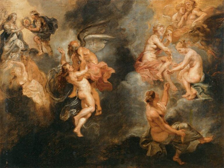 Loose oil study by Peter Paul Rubens showing groups of nude and draped figures floating on clouds, a winged male embracing a twisting woman at left, a seated radiant figure receiving an emblem at upper left, and a circle of goddesses conversing at right, all painted with rapid, luminous brushwork on a warm ground.