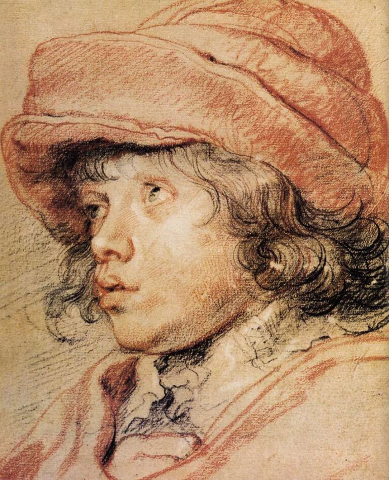 Close-up chalk drawing by Peter Paul Rubens of his son Nicolas in profile, wearing a soft red cap, lips slightly parted, curls falling around the face, with luminous modeling in red and black chalk against warm paper.