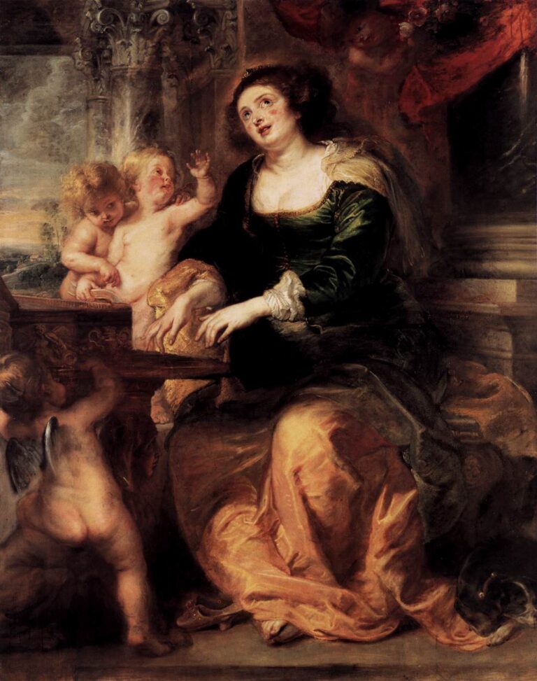 Baroque painting by Peter Paul Rubens showing St. Cecilia seated at an organ in a rich green and gold dress, gazing heavenward while cherubic putti cluster around her and red drapery and ornate columns frame the scene.