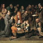 Baroque painting of St. Diego of Alcalá in a gray Franciscan habit praying beside a large pot of food, surrounded by poor men, women and children waiting for alms, with another man ladling food on the right against a dark background.