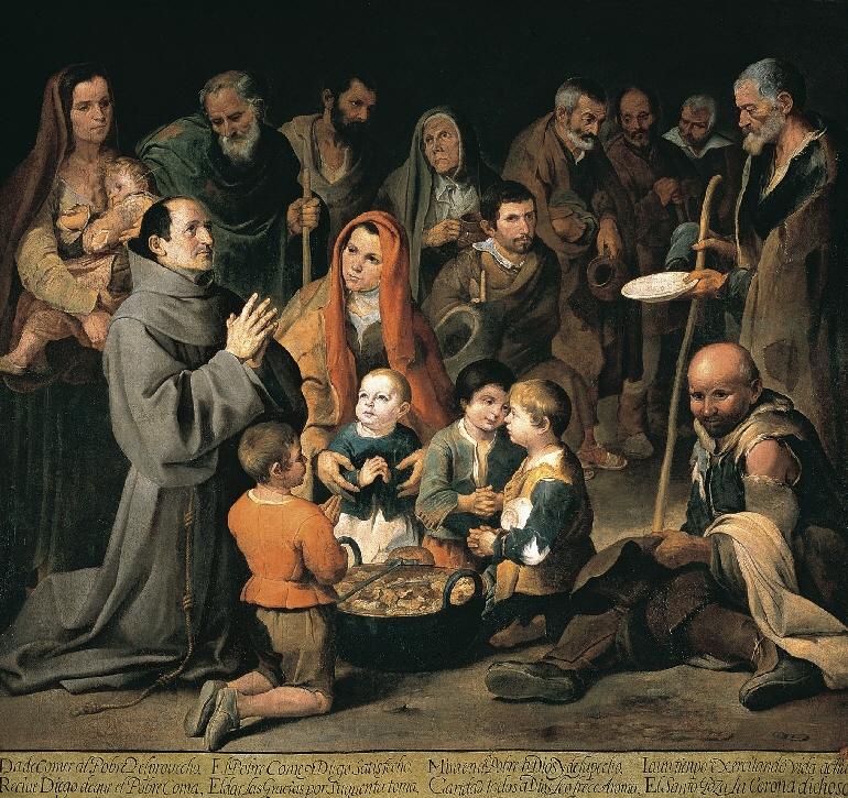 Baroque painting of St. Diego of Alcalá in a gray Franciscan habit praying beside a large pot of food, surrounded by poor men, women and children waiting for alms, with another man ladling food on the right against a dark background.