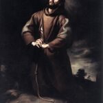 Dark Baroque painting showing St. Francis of Assisi in a brown habit kneeling on a rocky ground with hands clasped and eyes raised toward a shaft of light in the sky, a rope belt hanging down and a skull and wooden cross lying near his knees.