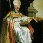 Painting by Bartolomé Esteban Murillo showing St. Isidore of Seville seated in ornate bishop’s robes and mitre, holding a crozier and reading from a large open book, with another inscribed volume resting on a ledge beside him in a dark interior.