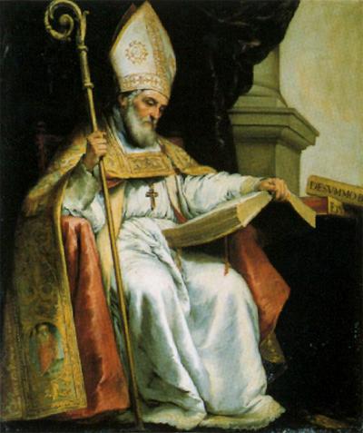 Painting by Bartolomé Esteban Murillo showing St. Isidore of Seville seated in ornate bishop’s robes and mitre, holding a crozier and reading from a large open book, with another inscribed volume resting on a ledge beside him in a dark interior.
