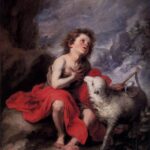 Baroque painting of a young St. John the Baptist seated barefoot on rocky ground, draped in a red cloak, one hand on his chest, gazing up toward a beam of light while a white lamb stands beside him.