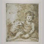 Sepia-toned drawing by Bartolome Esteban Murillo showing a young St. John the Baptist seated on the ground, gently holding a lamb beside him against a simple, softly washed background.