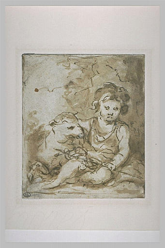 Sepia-toned drawing by Bartolome Esteban Murillo showing a young St. John the Baptist seated on the ground, gently holding a lamb beside him against a simple, softly washed background.