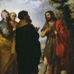 Painting by Bartolomé Esteban Murillo showing John the Baptist in a brown tunic and red mantle facing three scribes and Pharisees by a river, holding a cross staff with a lamb at his feet, while two small heavenly medallions with Latin scrolls appear in the cloudy sky above.