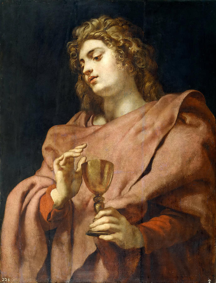 Half length painting of St. John the Evangelist with long curly hair, wrapped in a pink cloak over red clothing, holding a golden chalice in both hands and gazing at it thoughtfully against a dark background.