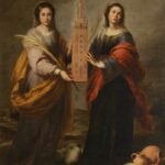 Oil painting of two female saints standing side by side, each holding a palm branch and together supporting a model of Seville’s Giralda tower, with broken and intact earthenware jugs at their feet against a muted background.