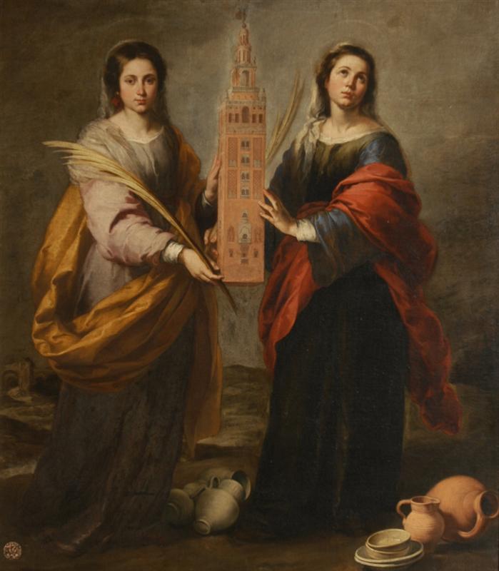 Oil painting of two female saints standing side by side, each holding a palm branch and together supporting a model of Seville’s Giralda tower, with broken and intact earthenware jugs at their feet against a muted background.