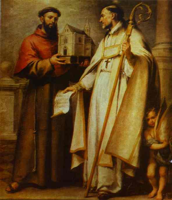 Painting of St Bonaventure in a brown Franciscan habit presenting a model church to St Leander dressed as a bishop with crozier and scroll, with a small angel at their feet inside a church interior.