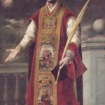 Baroque painting by Murillo showing Saint Rodriguez standing in ornate red chasuble holding a palm of martyrdom, looking upward as a flying cherub in the clouds offers him a wreath of flowers, with stone balustrade and pedestal in the background.