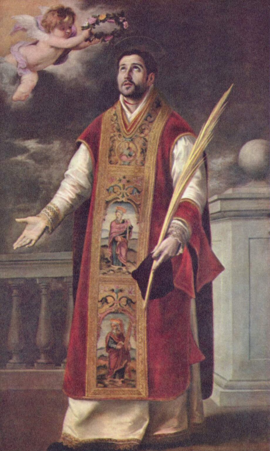 Baroque painting by Murillo showing Saint Rodriguez standing in ornate red chasuble holding a palm of martyrdom, looking upward as a flying cherub in the clouds offers him a wreath of flowers, with stone balustrade and pedestal in the background.