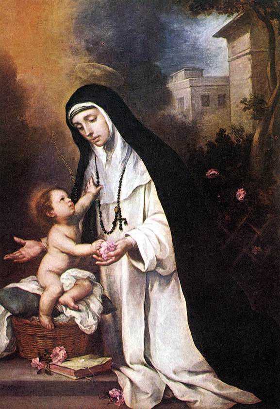 Baroque painting of St Rose of Lima in a white Dominican habit and black veil, receiving pink roses from the Christ Child who sits on a basket, surrounded by scattered flowers in a garden with a dramatic sky and distant buildings.