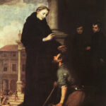 Tall vertical Baroque painting by Bartolome Esteban Murillo showing St Thomas of Villanueva in a black habit on church steps blessing a kneeling beggar with crutches, with friars and city architecture in the background.