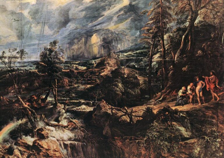Vast Baroque landscape by Peter Paul Rubens showing a violent storm with dark clouds, slanting rain, foaming waterfall, wind-tossed trees, tiny figures on a path at the right, and a faint rainbow at the left, with distant light breaking through the sky.