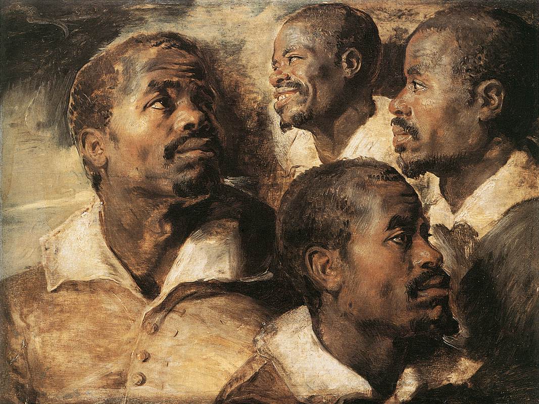 Oil sketch by Rubens showing five studies of the same Black man’s head in different angles and expressions, painted in warm browns and whites against a neutral background, emphasizing his thoughtful gaze and lively features.