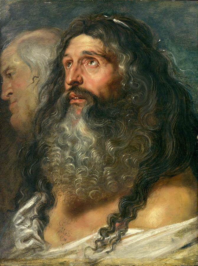 Oil study “Study of Two Heads” by Peter Paul Rubens showing a large bearded man with long dark hair gazing upward in intense light, with an older bald man in shadowed profile behind him.