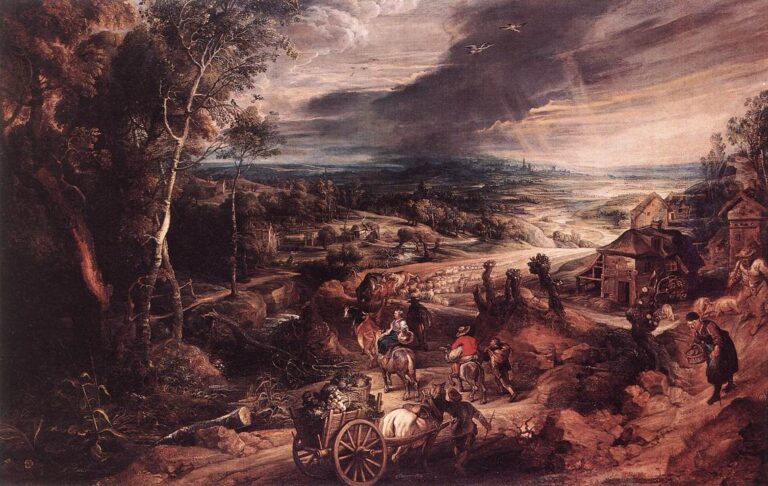 Panoramic Baroque landscape by Peter Paul Rubens showing a summer countryside with a winding road, peasants, carts, animals, tall trees on the left, farm buildings on the right, and a distant sunlit town under a dramatic cloudy sky.
