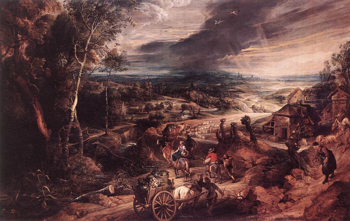 Panoramic Baroque landscape by Peter Paul Rubens showing a summer countryside with a winding road, peasants, carts, animals, tall trees on the left, farm buildings on the right, and a distant sunlit town under a dramatic cloudy sky.