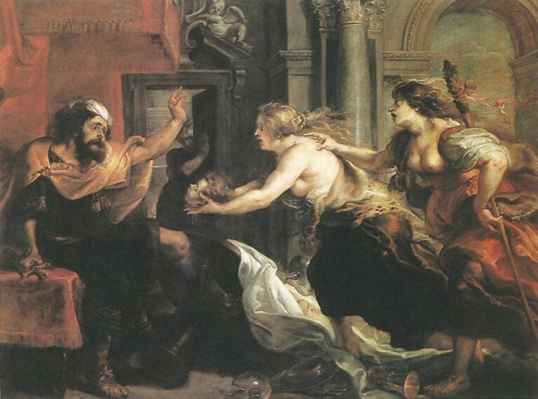 Baroque painting by Peter Paul Rubens showing King Tereus recoiling on the left as Procne lunges forward from the right holding the small head of their son Itylus, with Philomela gripping her sister’s shoulder, all set within a grand classical interior of columns, arches, and red drapery.