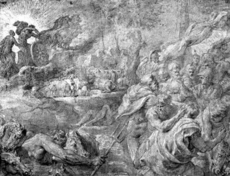 Monochrome Rubens painting showing muscular men driving and wrestling bulls across a turbulent river while water deities and horses thrash in the foreground and the sun god’s blazing chariot appears among clouds at the upper left.
