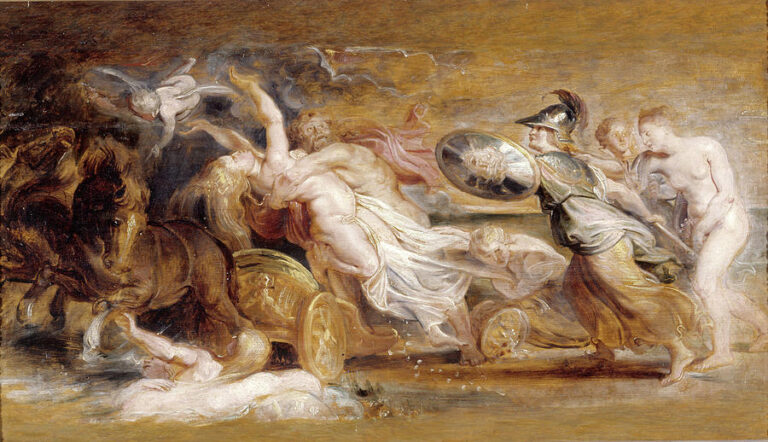 Baroque painting by Peter Paul Rubens showing Pluto in a galloping chariot seizing the pale, struggling Proserpina while armored Athena and nude attendants rush from the right, surrounded by rearing horses, spinning wheels, and flying draperies in a stormy, golden-brown landscape.