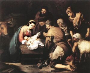 Painting by Bartolomé Esteban Murillo showing Mary and Joseph in a dim stable presenting the glowing newborn Christ Child in a manger to kneeling shepherds, with an ox at the left, a lamb at the right, and an older woman bearing a basket, all bathed in warm light against a dark background.