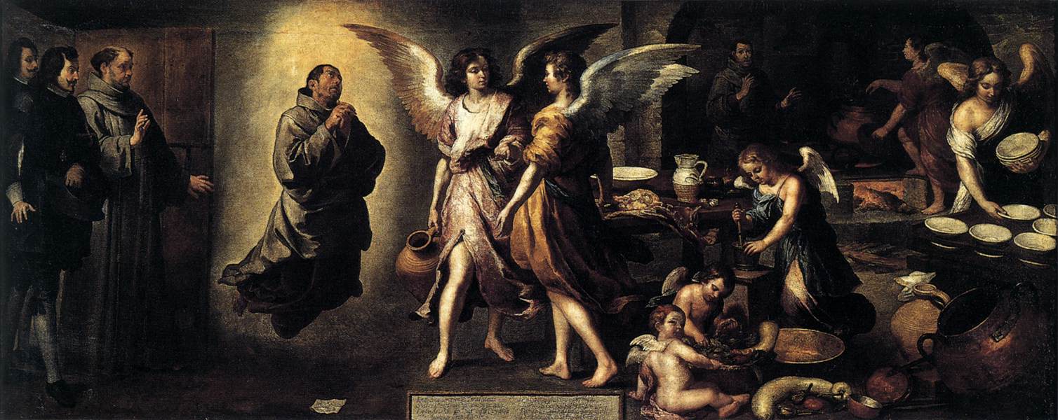 Wide Baroque painting by Murillo showing a levitating Franciscan friar guided by three large angels toward a busy kitchen where smaller winged angels cook, wash dishes, and handle pots and bowls amid warm firelight and deep shadows.