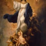 Painting by Bartolomé Esteban Murillo showing the Virgin Mary in white and blue robes ascending through golden clouds, arms outstretched and eyes lifted, while numerous cherub angels swirl around her and support her ascent.