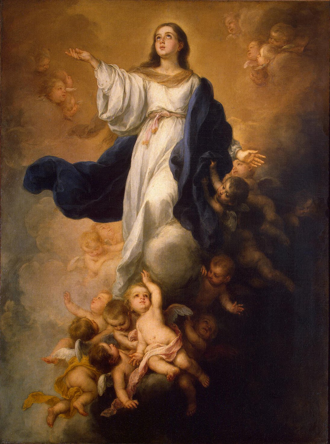 Painting by Bartolomé Esteban Murillo showing the Virgin Mary in white and blue robes ascending through golden clouds, arms outstretched and eyes lifted, while numerous cherub angels swirl around her and support her ascent.