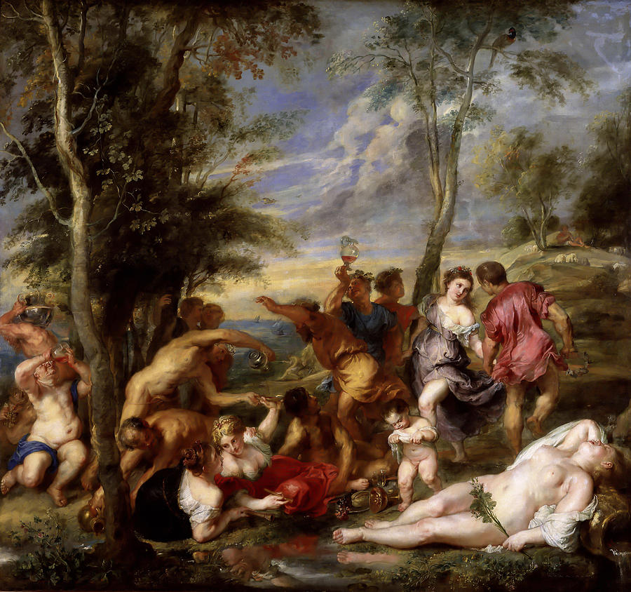 Baroque painting by Peter Paul Rubens showing a large group of revelers drinking and dancing in a wooded landscape, with nude and clothed figures, jugs of wine pouring into a stream, a reclining nude woman at right, and a dramatic sky above.