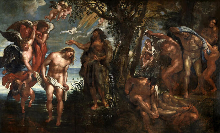 Baroque painting “The Baptism of Christ” by Peter Paul Rubens showing Christ stepping from the Jordan as John the Baptist gestures toward him, angels descend with draperies, a dove hovers in a beam of light, and nearby men wash and undress in a wooded riverside landscape.