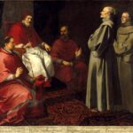 Painting by Bartolomé Esteban Murillo showing Pope Gregory IX and two cardinals in red robes seated on a platform facing two Franciscans in gray habits, one identified as the Blessed Giles whose feet lift subtly from the patterned carpet in a calm scene of levitation before the papal throne.