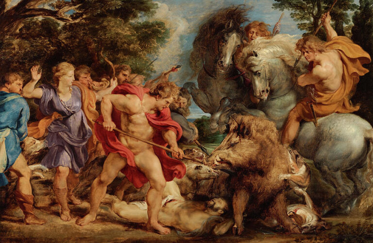 Baroque painting by Peter Paul Rubens showing the mythic Calydonian boar surrounded by hunters, including Meleager in red and Atalanta in blue, with hounds attacking and horses rearing as spears aim toward the lunging beast in a wooded landscape.