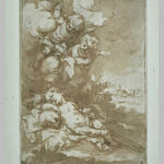 Sepia toned drawing by Bartolomé Esteban Murillo showing the Christ Child sleeping across a wooden cross while small cherub angels hover among swirling clouds above him, creating a tender and contemplative religious scene.