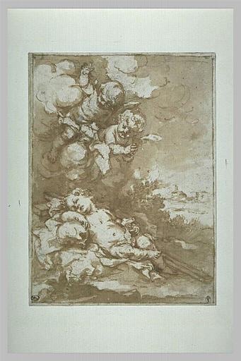 Sepia toned drawing by Bartolomé Esteban Murillo showing the Christ Child sleeping across a wooden cross while small cherub angels hover among swirling clouds above him, creating a tender and contemplative religious scene.