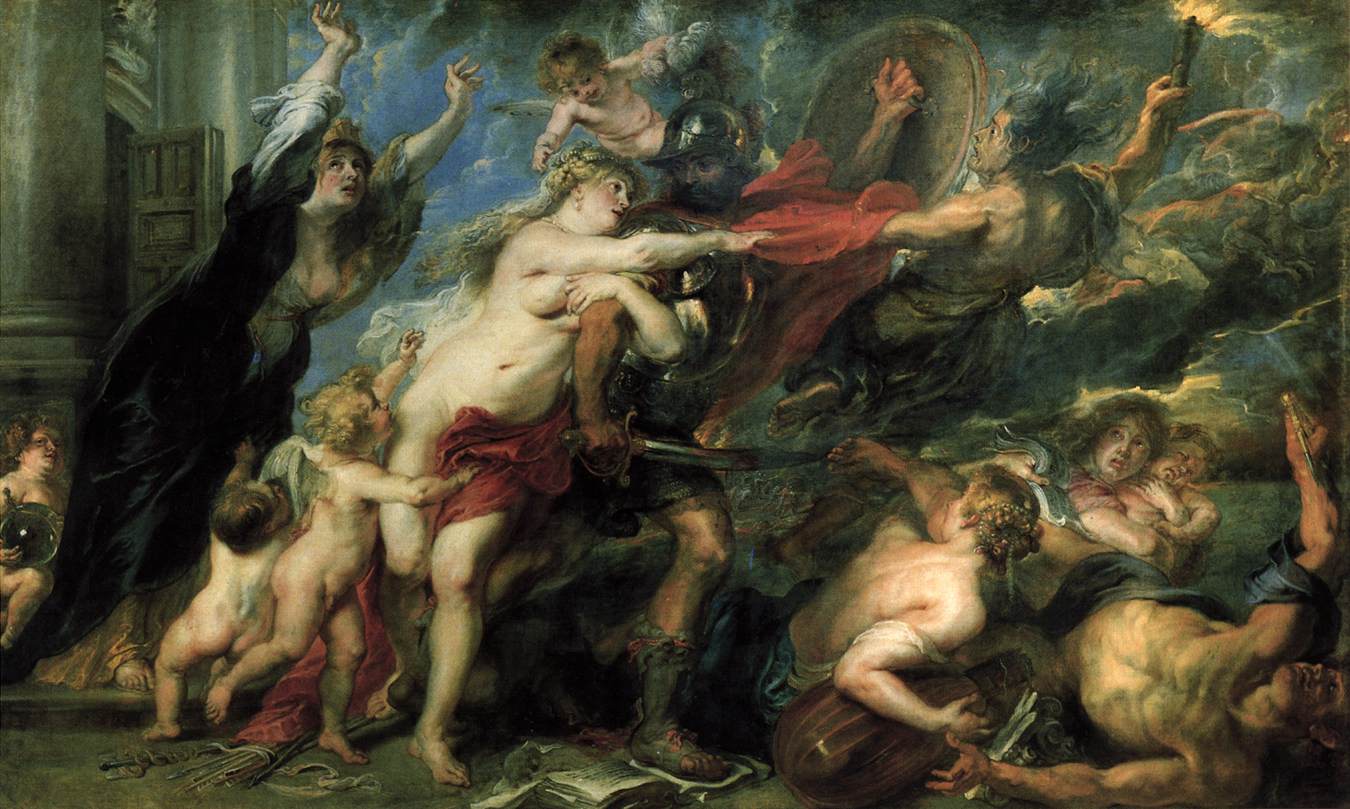 Baroque painting by Peter Paul Rubens showing the armored god Mars striding to the right as the nude Venus and several putti try to hold him back, a mourning woman and children cry on the left, a Fury drives Mars forward from the stormy sky on the right, and broken books and instruments lie scattered on the ground, symbolizing the consequences of war.