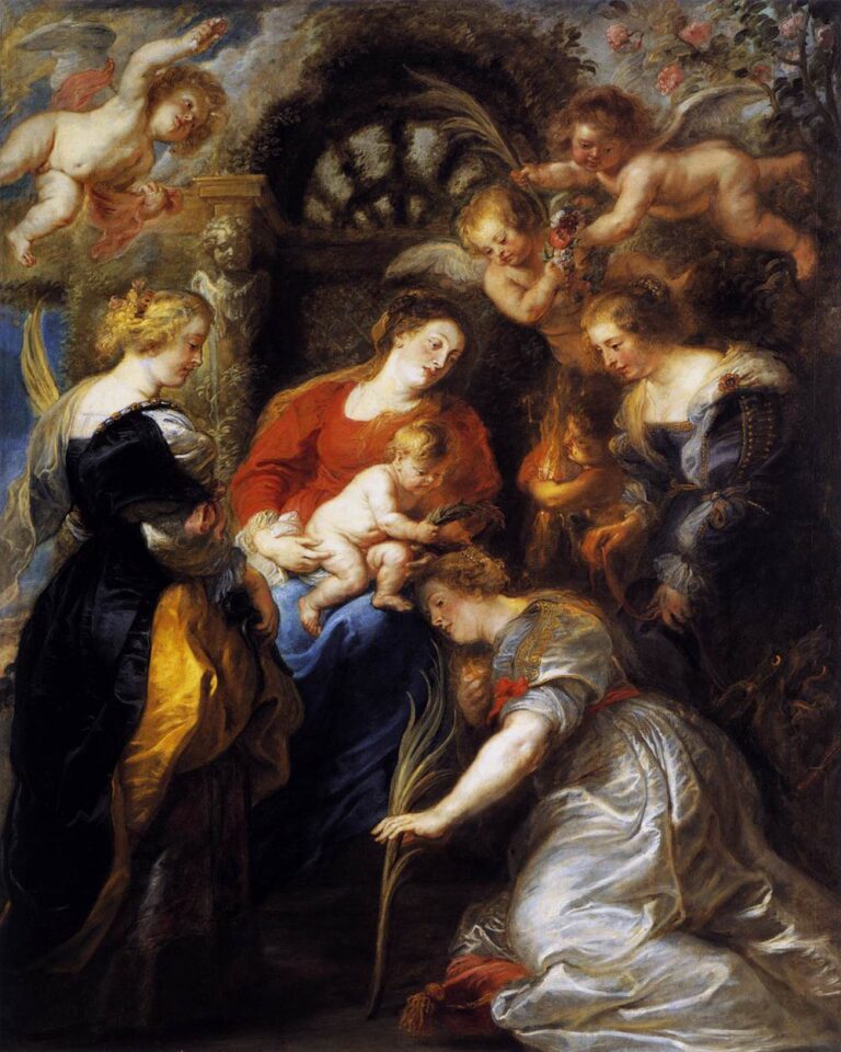 Baroque painting by Peter Paul Rubens showing the Virgin Mary with the Christ Child surrounded by female saints and flying cherubs as St. Catherine kneels with a martyr’s palm to receive her heavenly crown in a lush, light-filled setting.