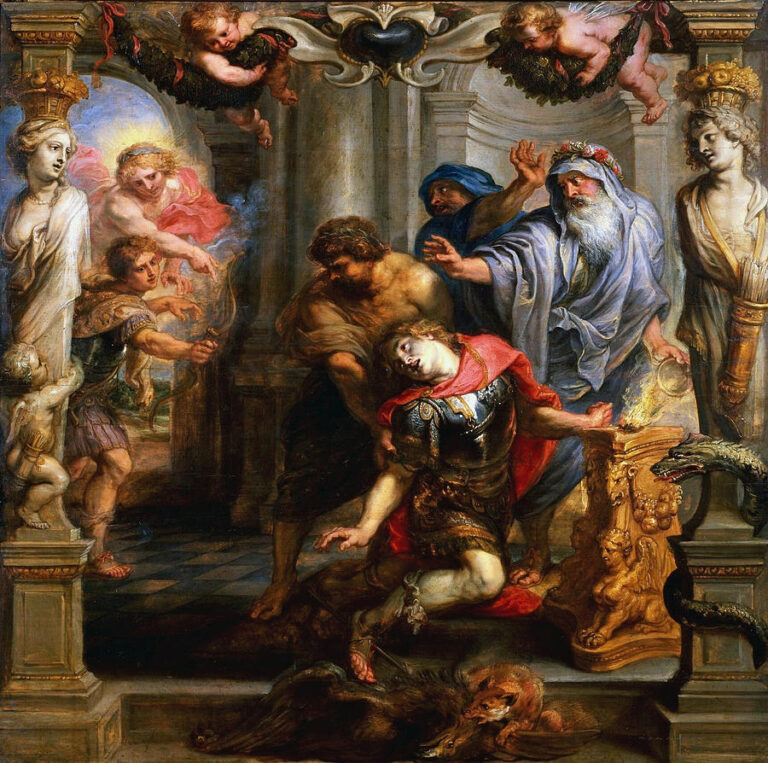 Baroque painting by Peter Paul Rubens showing Achilles collapsing beside a golden altar after being struck by an arrow, with Apollo guiding the archer Paris on the left, a priest and attendants reacting on the right, and cherubs, statues, and temple architecture framing the dramatic scene.
