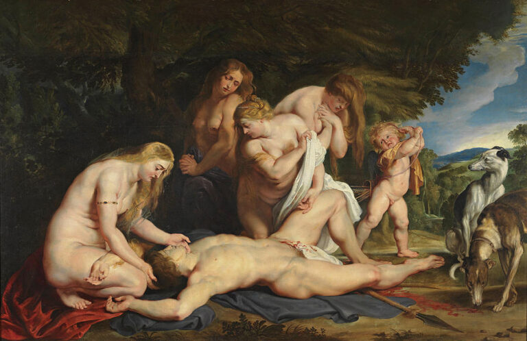 Baroque painting by Peter Paul Rubens showing the dead Adonis lying nude in the foreground while Venus and the Three Graces, also nude, gather around him in grief, with Cupid covering his eyes and two hunting dogs sniffing the bloodstained ground in a wooded landscape.