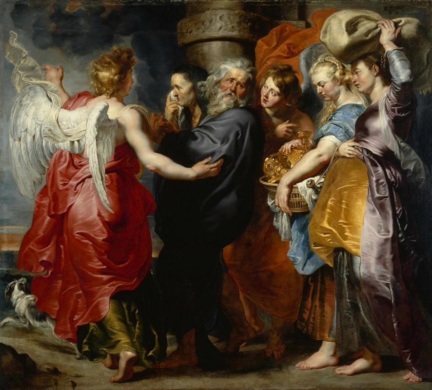 Baroque painting by Rubens showing an angel in a red robe leading the elderly Lot, his hesitant wife, and their richly dressed daughters carrying goods away from Sodom, all moving in a tight group beneath a dark, stormy sky.