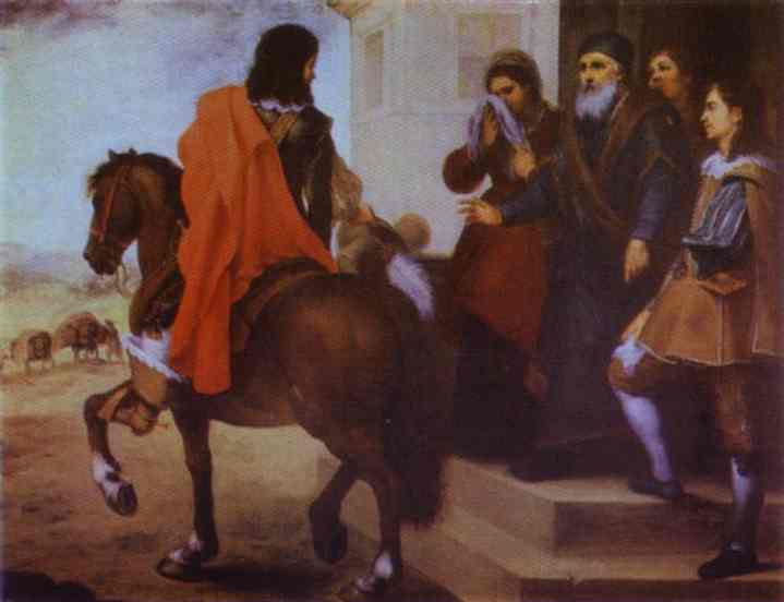Painting by Murillo showing the Prodigal Son on horseback in a red cloak turning away from a house, while his grieving parents and attendants stand on the steps watching him depart against a distant rural landscape.