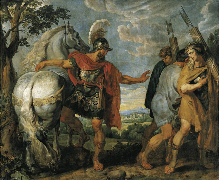 Baroque painting by Peter Paul Rubens showing the Roman consul Decius Mus in armor and red cloak standing beside a white warhorse as he extends his arm to dismiss three lictors carrying fasces, with a distant landscape and cloudy sky behind them.