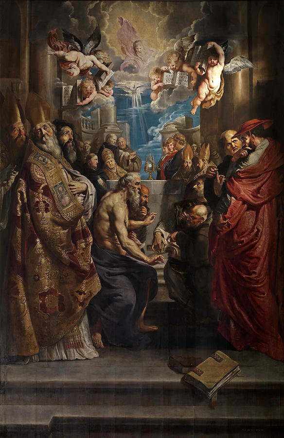 Large Baroque painting of bishops, cardinals, and scholars debating before an altar with a golden monstrance, while above them God the Father, angels, and tablets of the Law appear in a radiant heavenly vision.