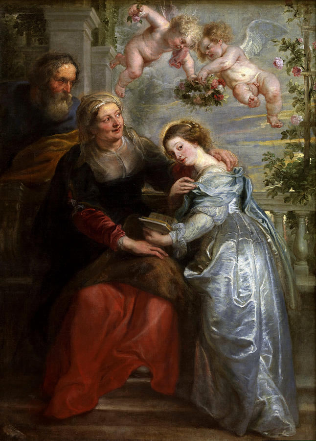 Baroque painting by Peter Paul Rubens showing Saint Anne seated with the young Virgin Mary leaning against her while holding a book, Saint Joachim watching from behind, and three flying putti above with flowers, all set against a balustrade and glowing sky.