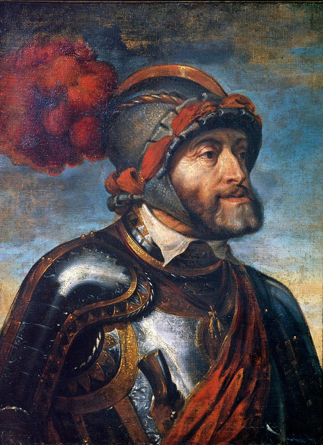 Baroque portrait by Peter Paul Rubens showing Emperor Charles V in polished black and gold armor, wearing a helmet with a large red plume and a red sash, turned in three-quarter profile against a blue, clouded sky.