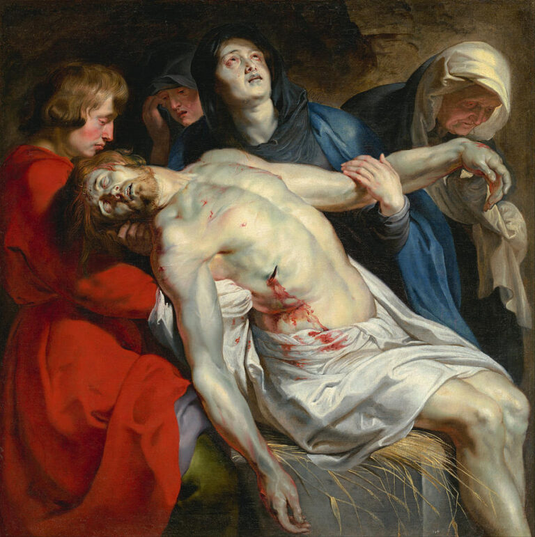 Painting of the dead Christ being supported by the Virgin Mary, Saint John in red, and two mourning women, his pale body laid across their arms with visible wounds and white burial shroud in a dark, tomb-like setting.